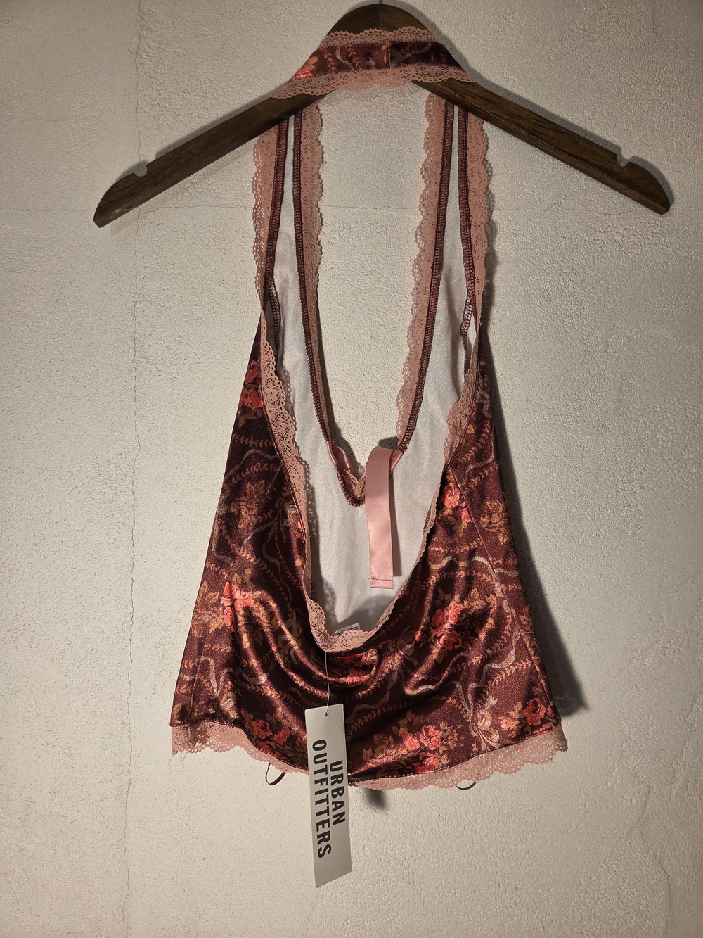 Urban Outfitters Satin Floral Lace Halter Tie Front Top Brown Pink S - Picture 5 of 6